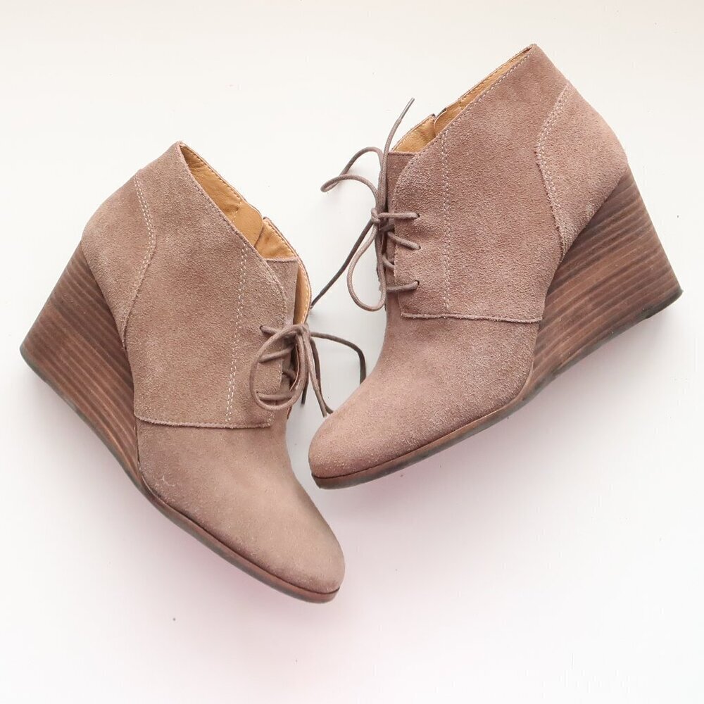 Lucky Brand Brown Suede Leather Lace-up Wedge Heel Ankle Boots Booties Size 9